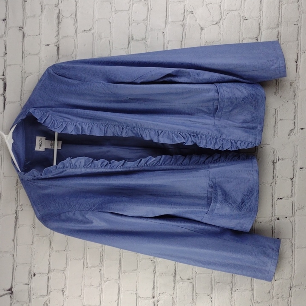 Chico’s Ruffle pebbled Open Front Blazer Jacket size 1 Periwinkle